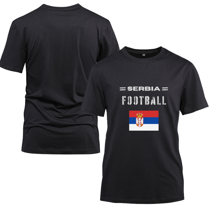 Serbia Football Cotton Black Short Sleeve T-Shirt