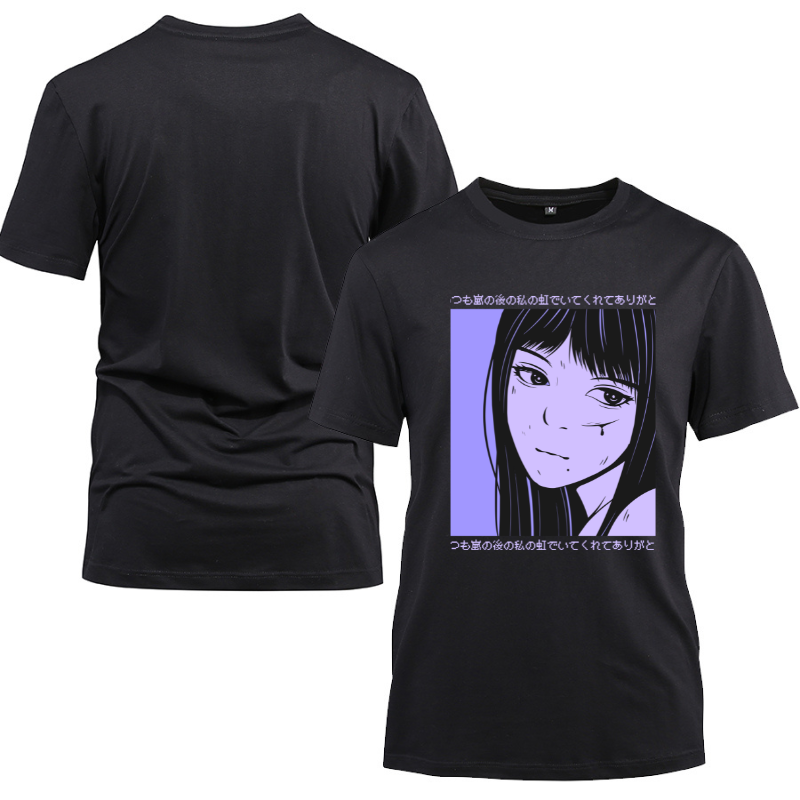 Anime Japanese Streetwear Sad Girl Cotton Black Short Sleeve T-Shirt