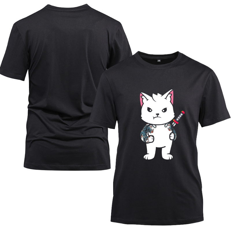 Samurai Cat Katana Ninja Yakuza Tattoo Cotton Black Short Sleeve T-Shirt