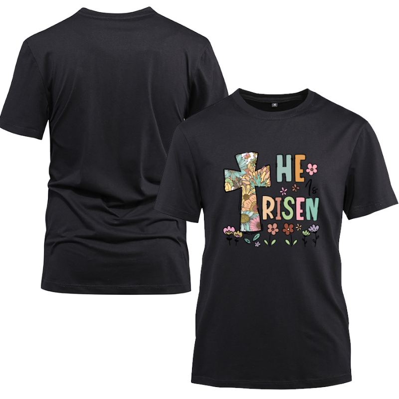 He Is Risen Flower Cotton Black Short Sleeve T-Shirt