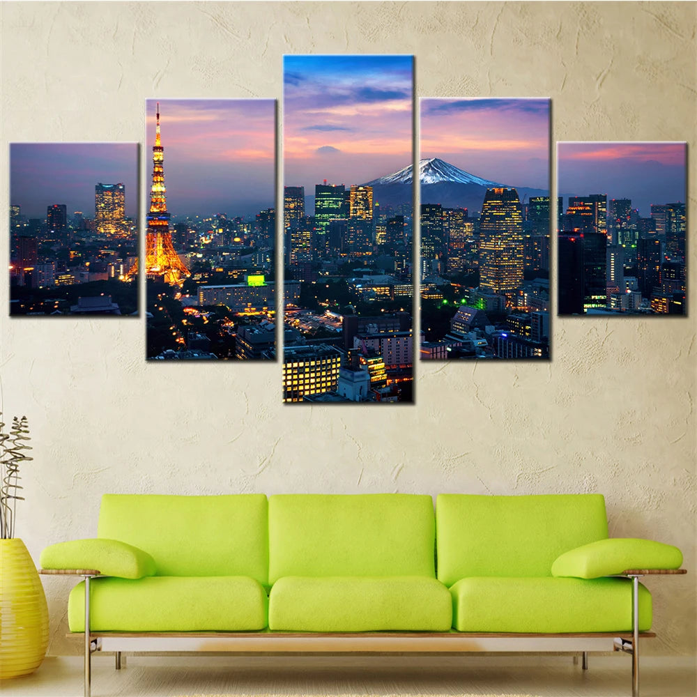 Tokyo Cityscape Fuji Mountain 5 Panels Painting Canvas Wall Decoration