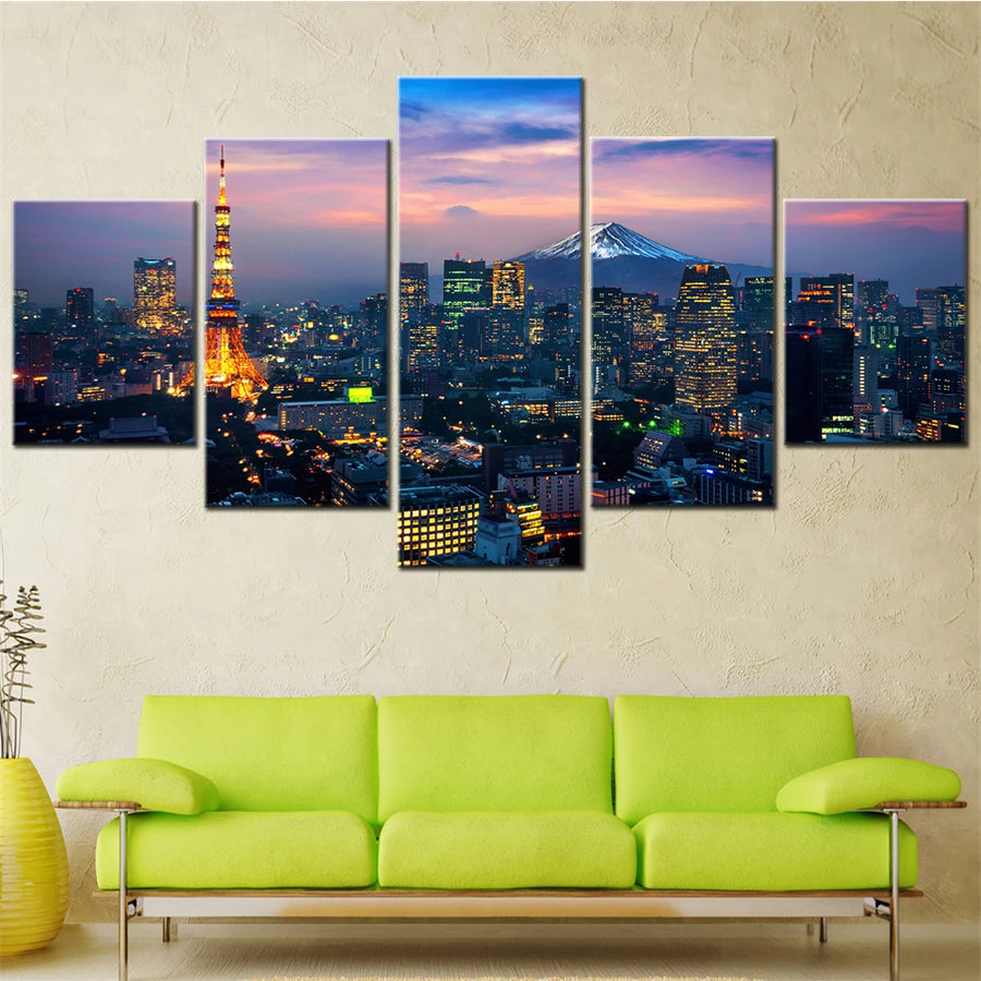 Tokyo Cityscape Fuji Mountain 5 Panels Painting Canvas Wall Decoration