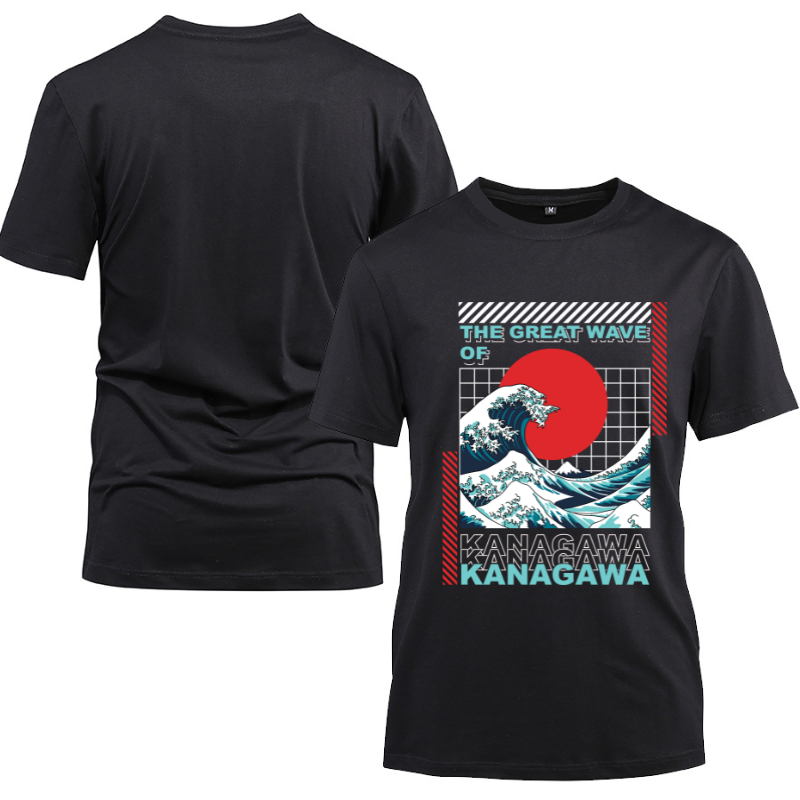 Japan Streetwear The Great Wave Of Kanagawa Cotton Black Short Sleeve T-Shirt