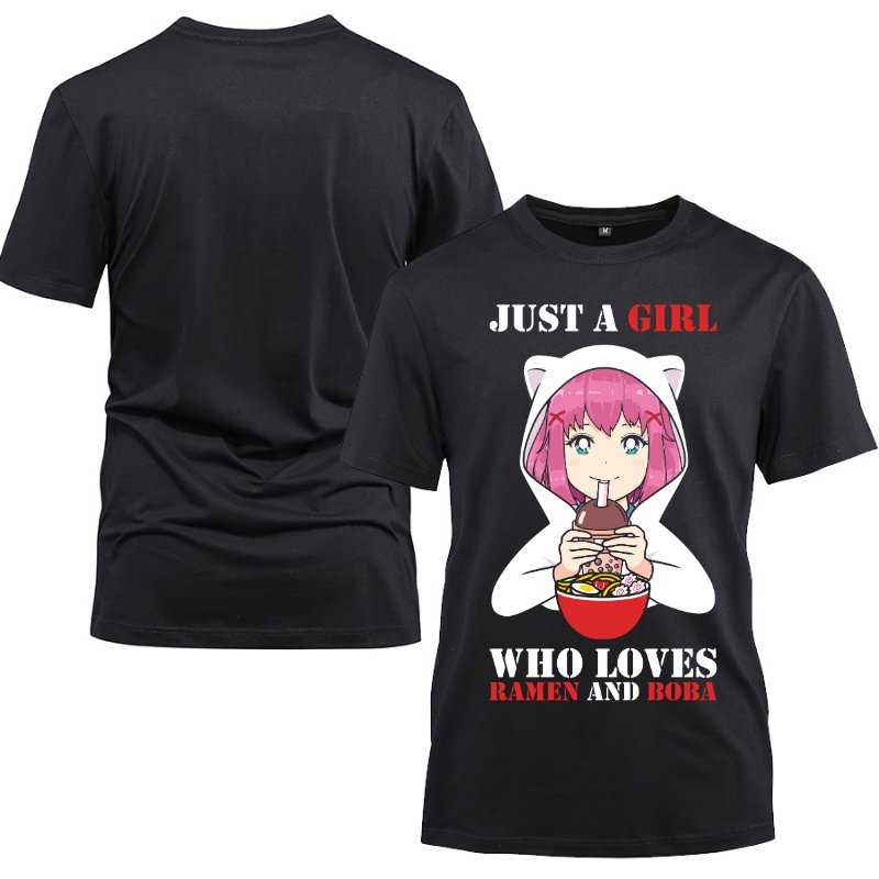 Just a girl who loves Ramen and Boba Cotton Black Short Sleeve T-Shirt