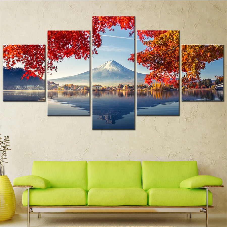 Colorful Autumn Season Mountain Fuji 5 Panels Painting Canvas Wall Decoration