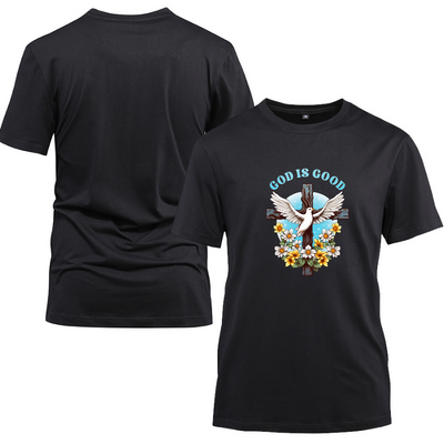 God Is Good Dove Floral Cotton Black Short Sleeve T-Shirt