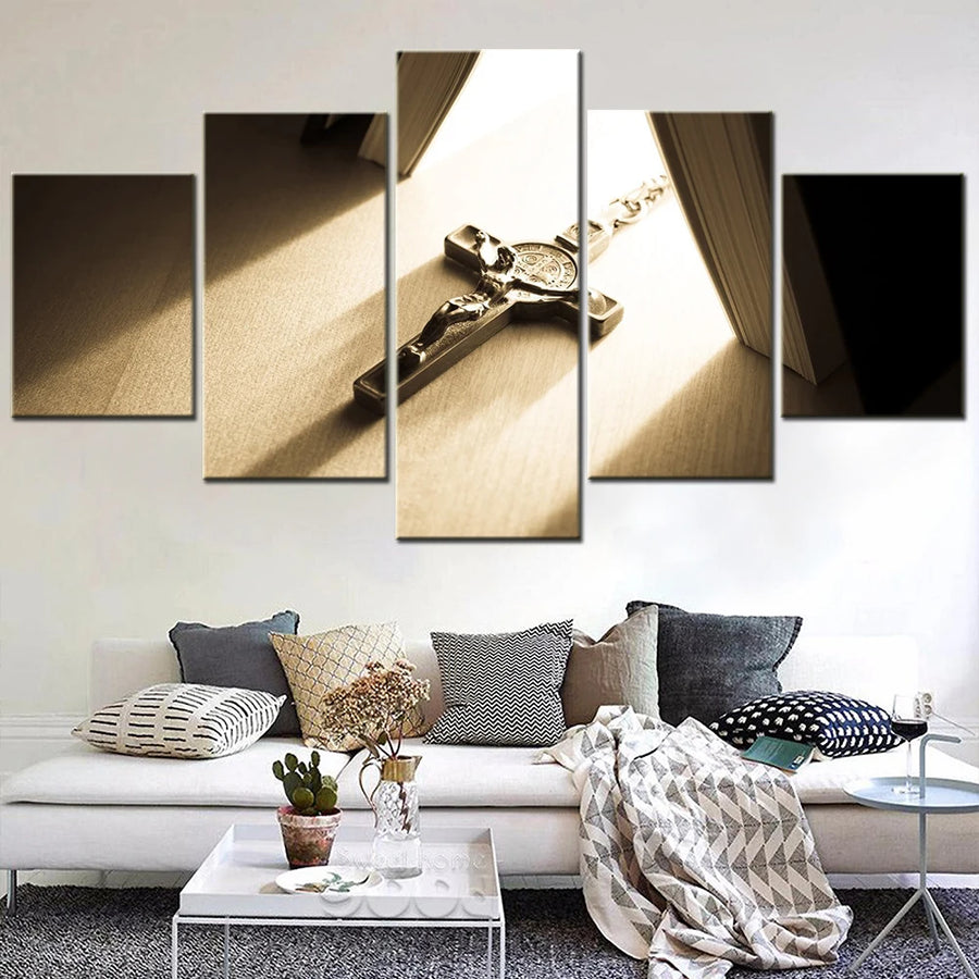 Christian Holy Cross 5 Panels Painting Canvas Wall Decoration