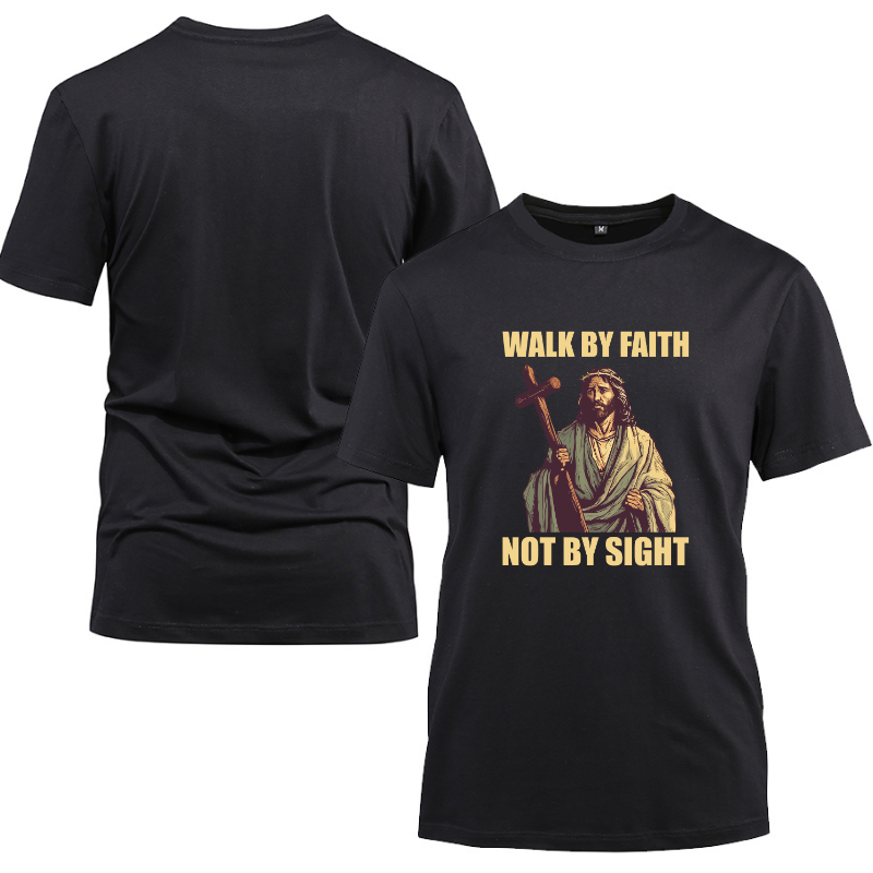 Walk By Faith Not By Sight Jesus Wise Cotton Black Short Sleeve T-Shirt