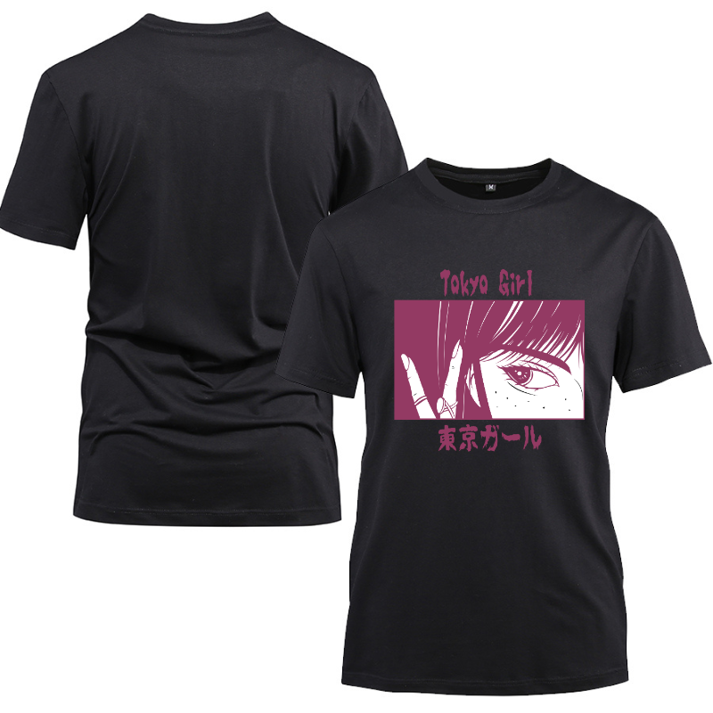 Anime Japanese Streetwear Tokyo Girl Cotton Black Short Sleeve T-Shirt