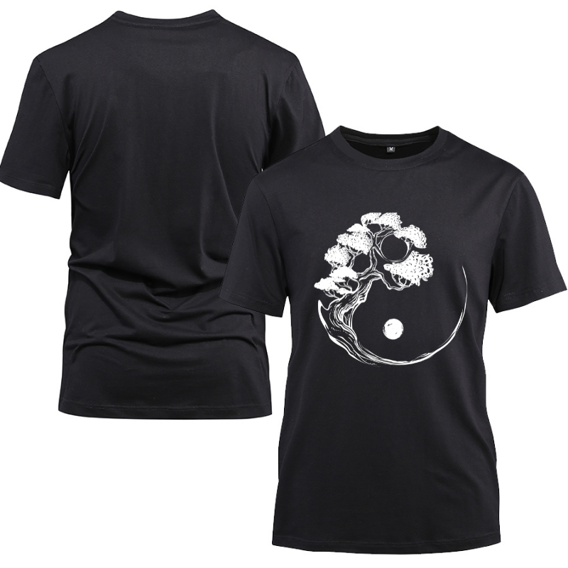 Yin Yang Bonsai Tree Japanese Buddhist Cotton Black Short Sleeve T-Shirt