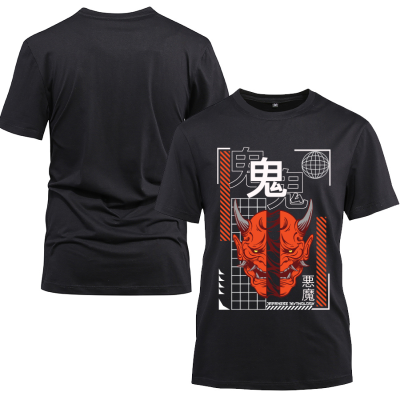 Japan Streetwear Japanese Mythology Cotton Black Short Sleeve T-Shirt
