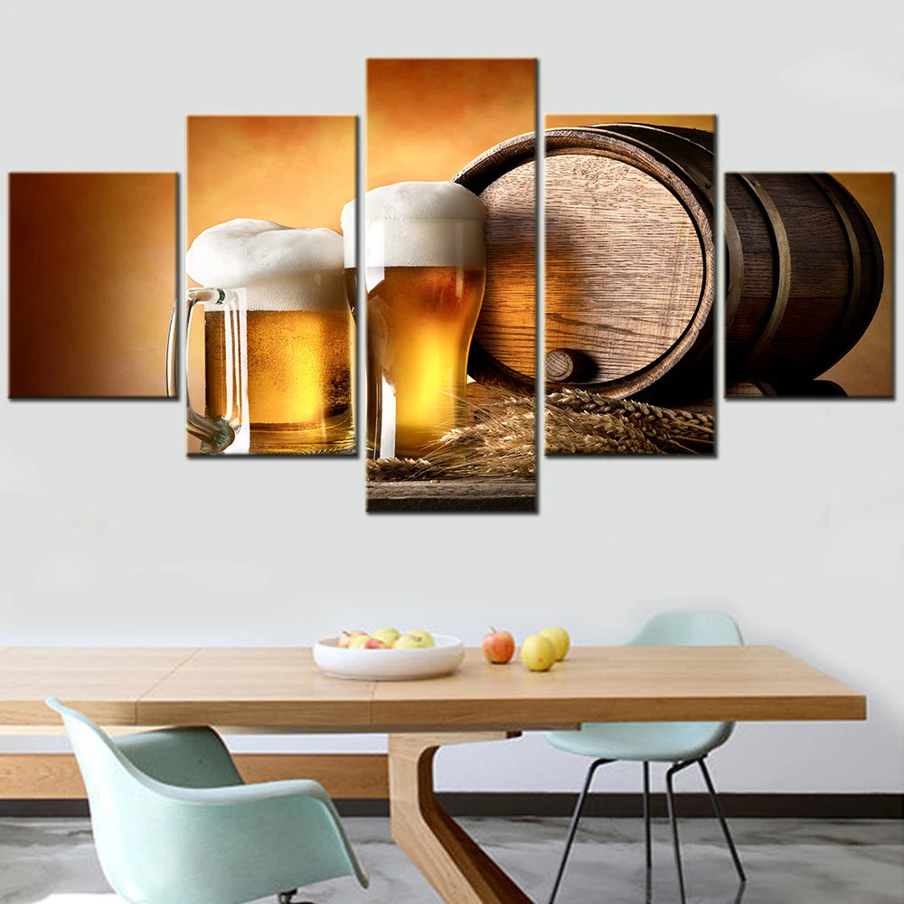 Beer and Barrel 5 Panels Painting Canvas Wall Decoration