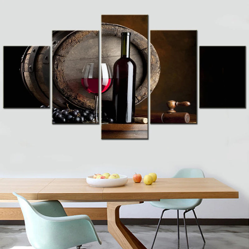 Red Wine Wooden Barrel 5 Panels Painting Canvas Wall Decoration