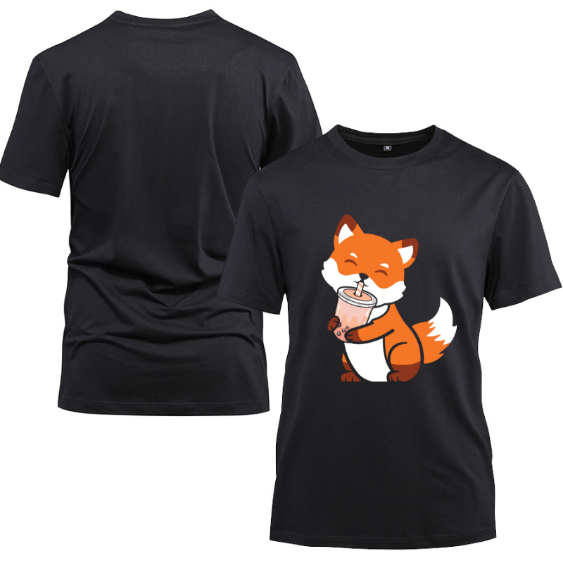 Kawaii Anime Fox Drinking Boba Tea Cotton Black Short Sleeve T-Shirt
