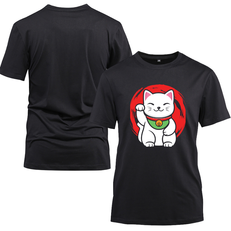 Maneki-Neko Lucky Cat Statue Waving Cotton Black Short Sleeve T-Shirt