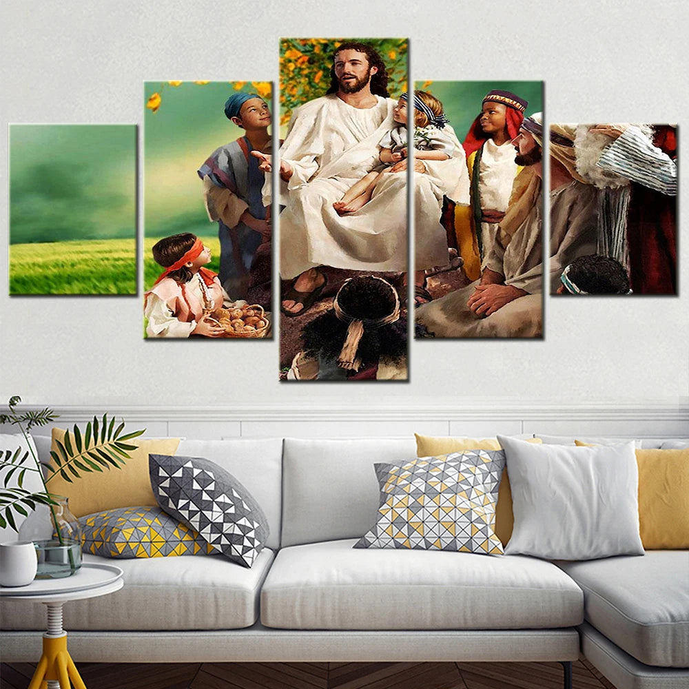 Jesus Christ And Children Of God 5 Panels Painting Canvas Wall Decoration