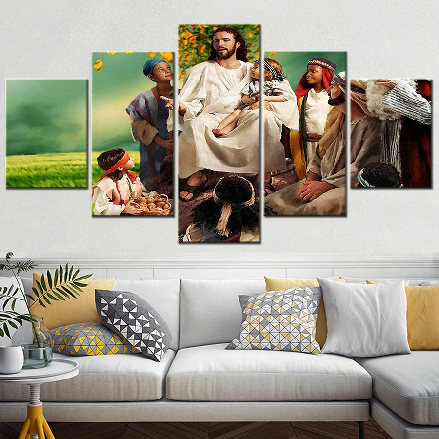 Jesus Christ And Children Of God 5 Panels Painting Canvas Wall Decoration
