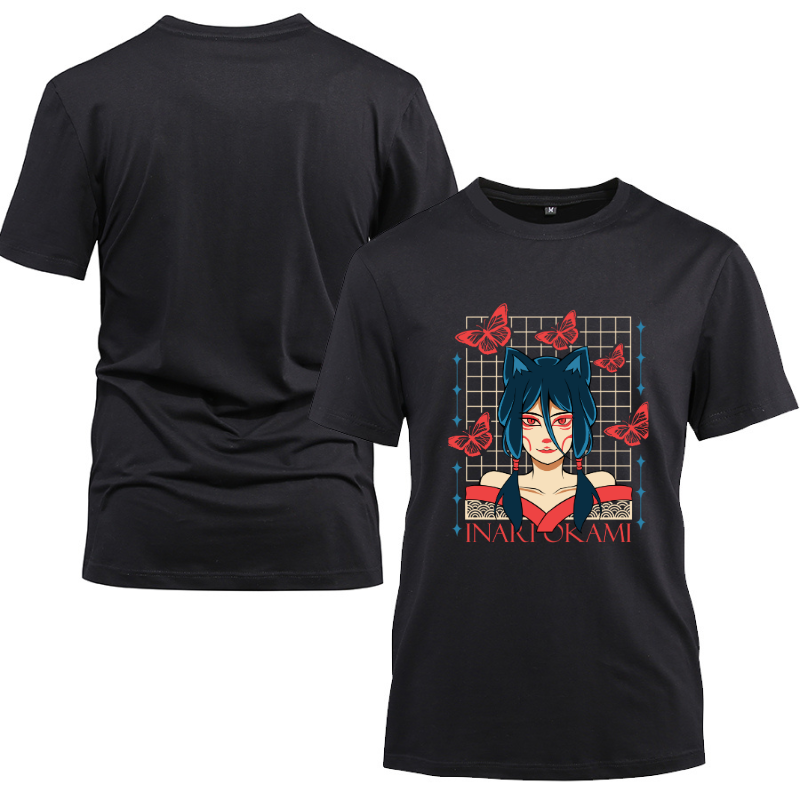 Japan Streetwear Inariokami Cotton Black Short Sleeve T-Shirt