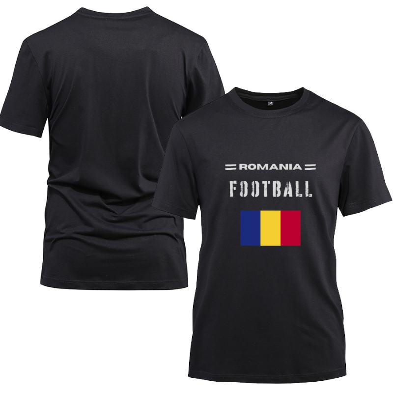 Romania Football Cotton Black Short Sleeve T-Shirt