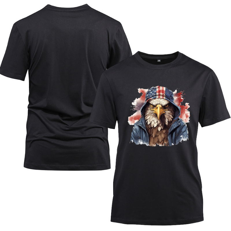 Animal Hiphop Graphic Eagle Cotton Black Short Sleeve T-Shirt