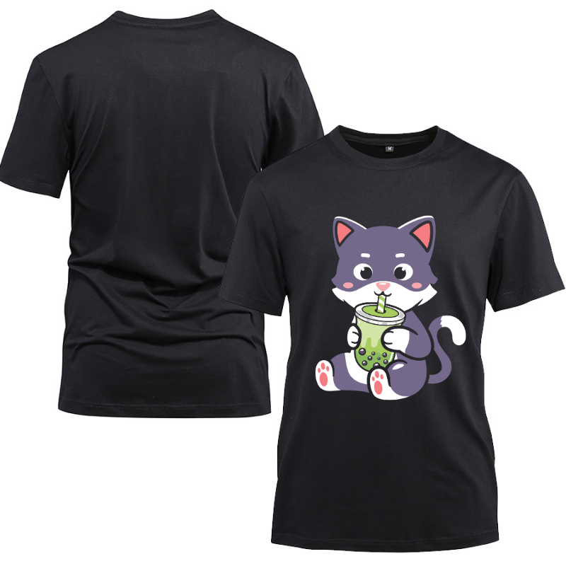 Cat Boba Bubble Tea Anime Kawaii Neko Cotton Black Short Sleeve T-Shirt