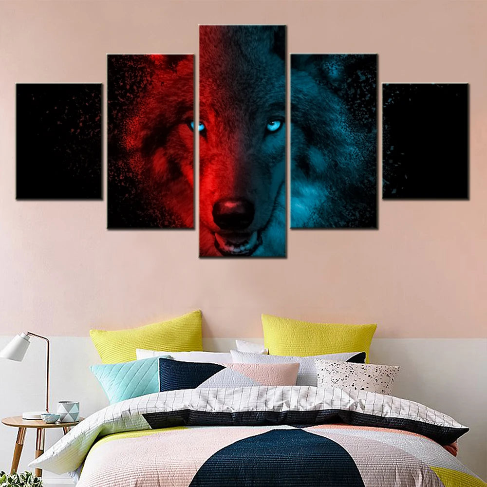 Red And Blue Wolf 5 Panels Painting Canvas Wall Decoration