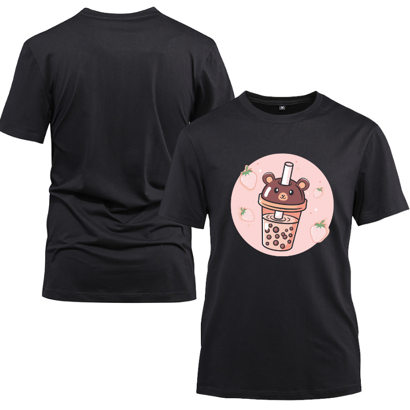 Bubble Milk Tea Boba Cute Bear Kawaii Cotton Black Short Sleeve T-Shirt