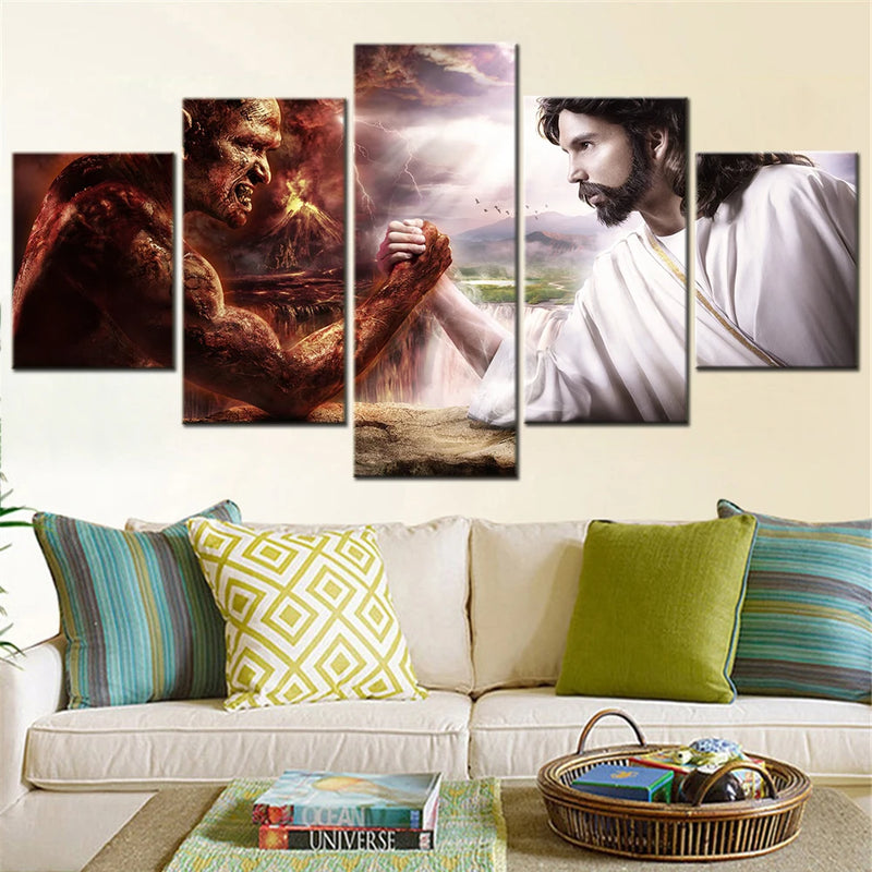 Jesus vs Satan 5 Panels Painting Canvas Wall Decoration