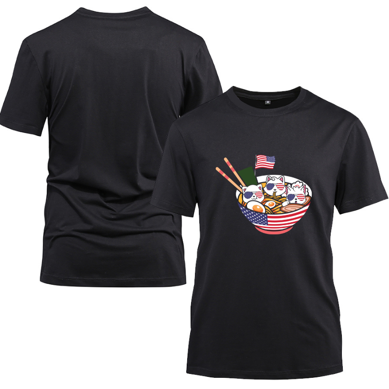 Cats Ramen Anime Funny 4th Of July Cotton Black Short Sleeve T-Shirt