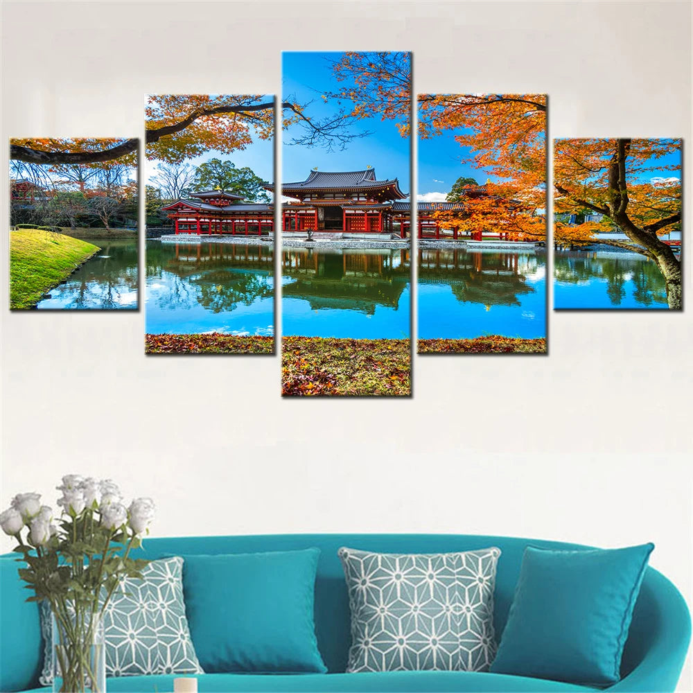 Japan Kyoto Byodoin Temple 5 Panels Painting Canvas Wall Decoration