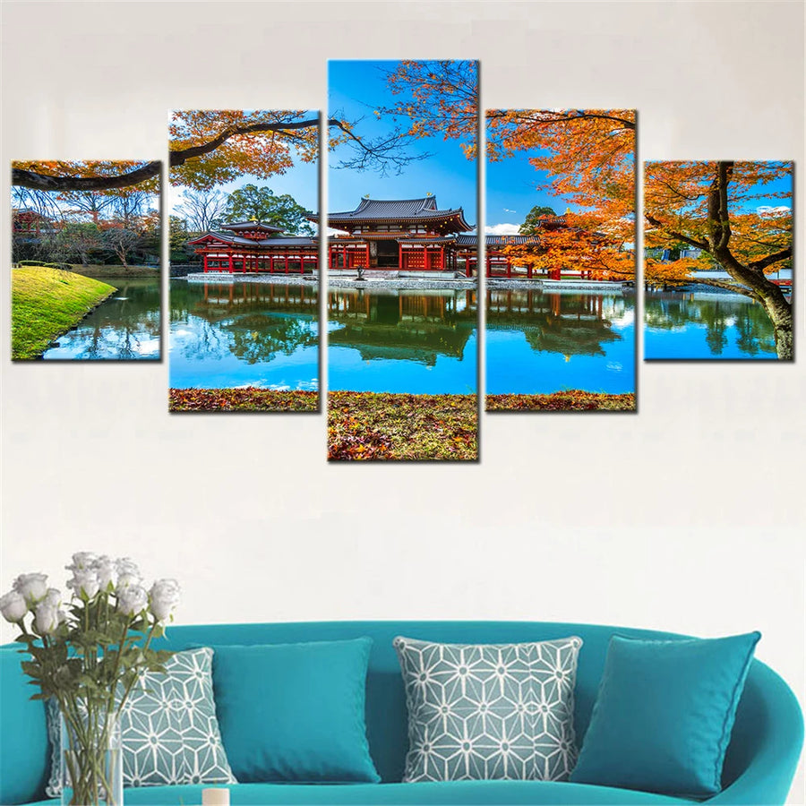 Japan Kyoto Byodoin Temple 5 Panels Painting Canvas Wall Decoration