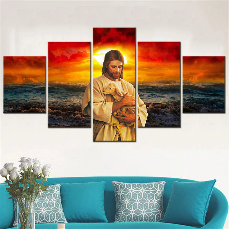 Jesus Sunset Seascape 5 Panels Painting Canvas Wall Decoration