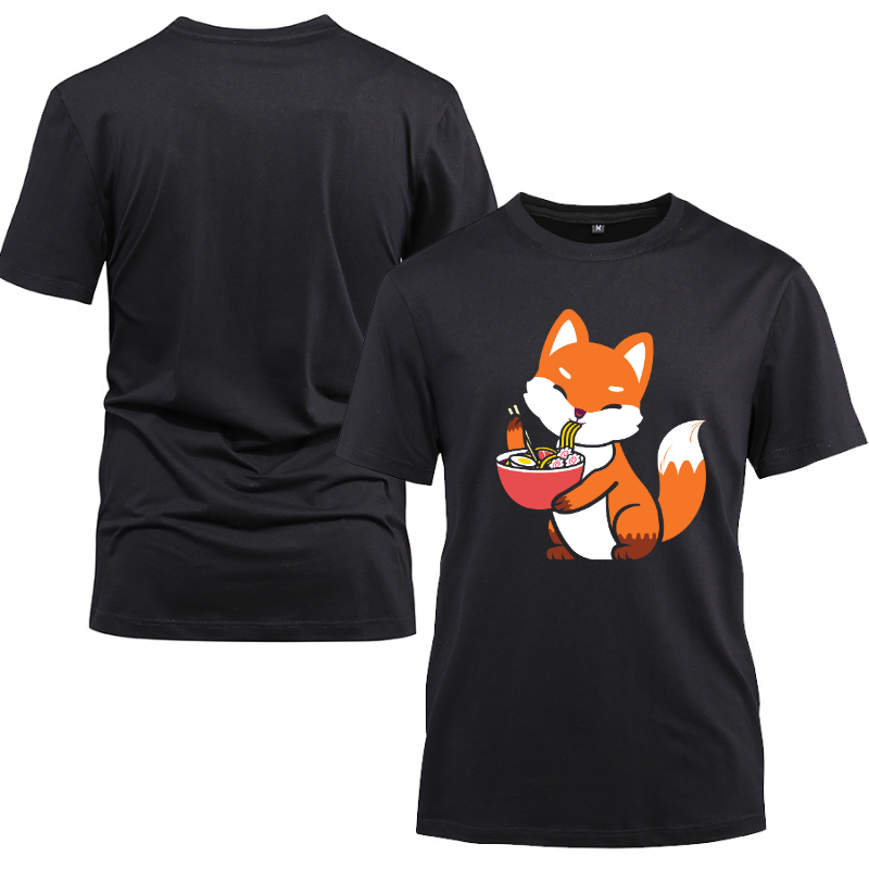 Fox Ramen Kawaii Anime Noodle Cotton Black Short Sleeve T-Shirt