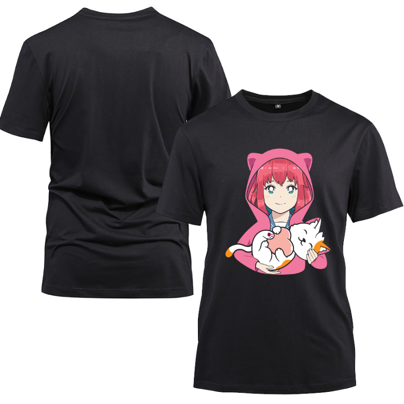 Anime and Cats Lover kawaii Otaku Cotton Black Short Sleeve T-Shirt