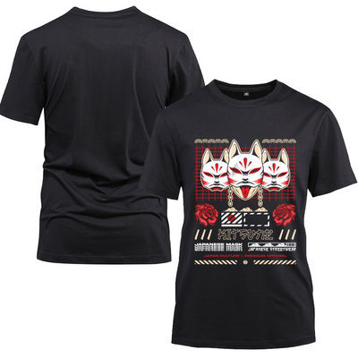 Japan Streetwear Kitsune Japanese Mask Cotton Black Short Sleeve T-Shirt