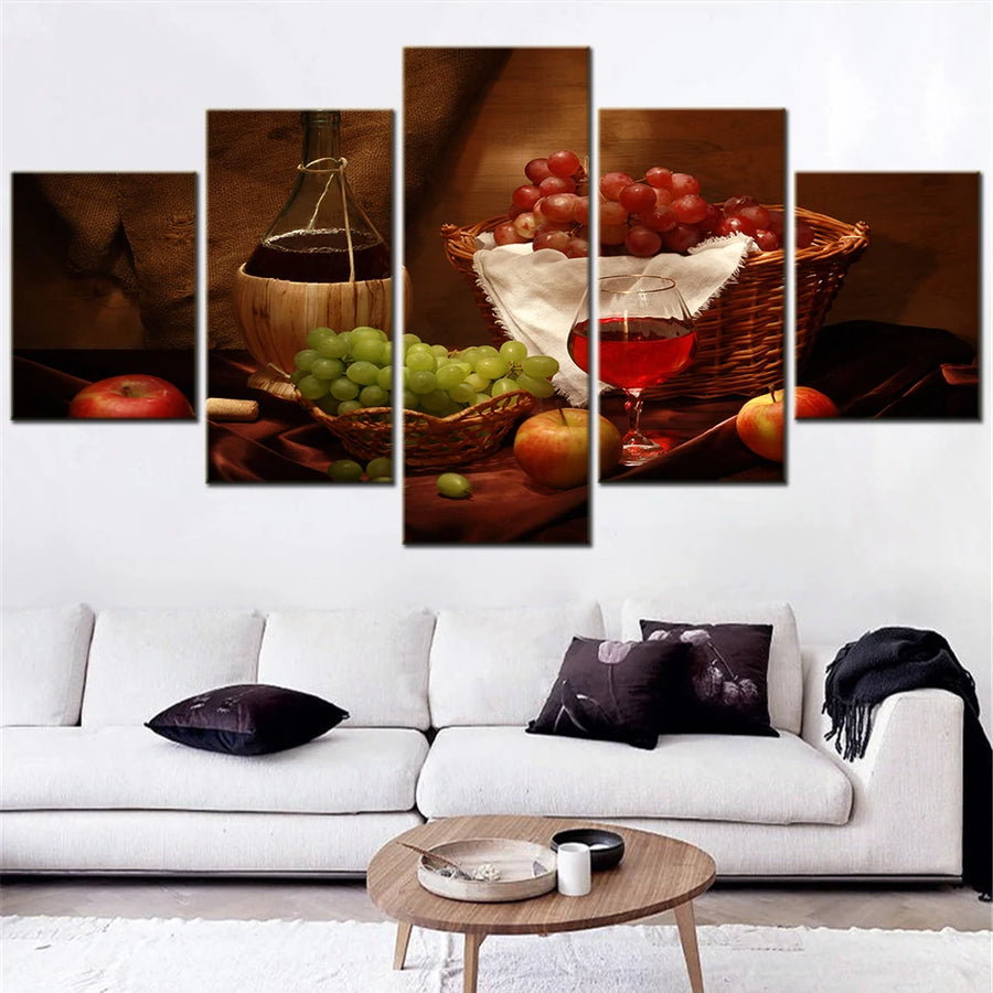 Retro Still Life Wine Fruits 5 Panels Painting Canvas Wall Decoration