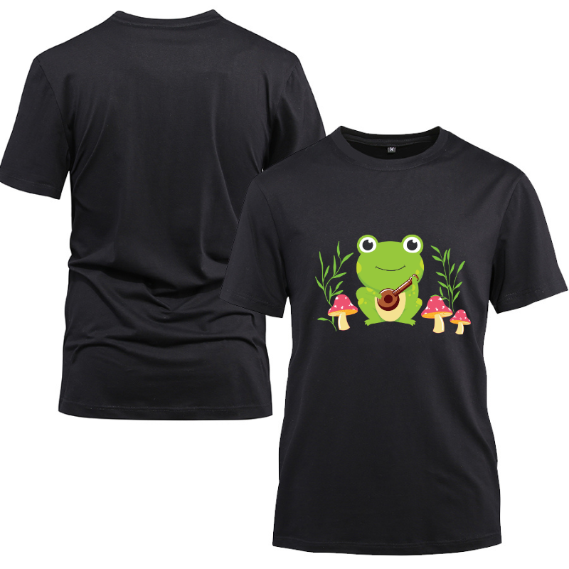 Kawaii Cute Frog Banjo Cotton Black Short Sleeve T-Shirt