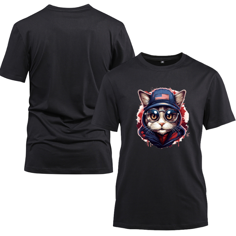 Animal Hiphop Graphic Funny Cute Cat Cotton Black Short Sleeve T-Shirt