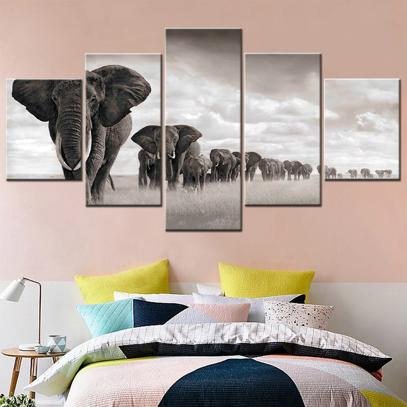 Elephant Walking On The Grassland 5 Panels Painting Canvas Wall Decoration