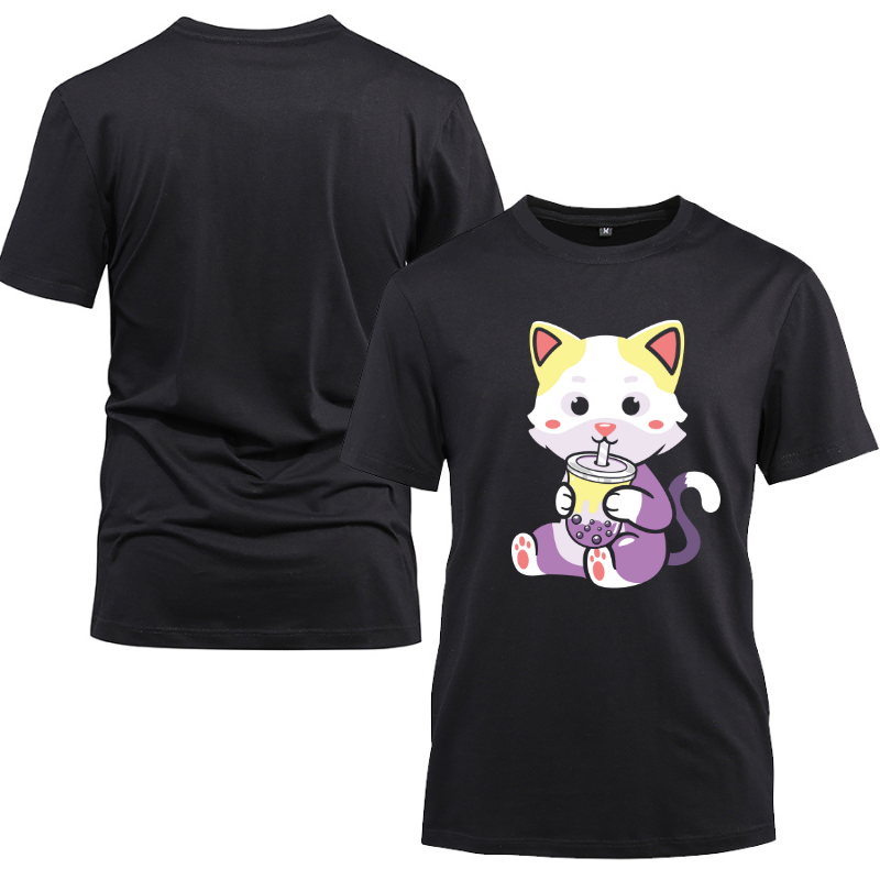 Cat Boba Tea Neko Non-binary Kitten Cotton Black Short Sleeve T-Shirt