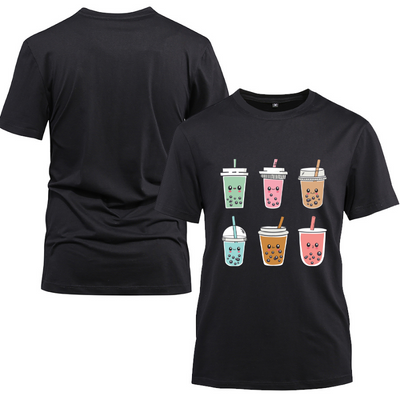 Cute Kawaii Boba Anime Boba Tea Pastel Cotton Black Short Sleeve T-Shirt