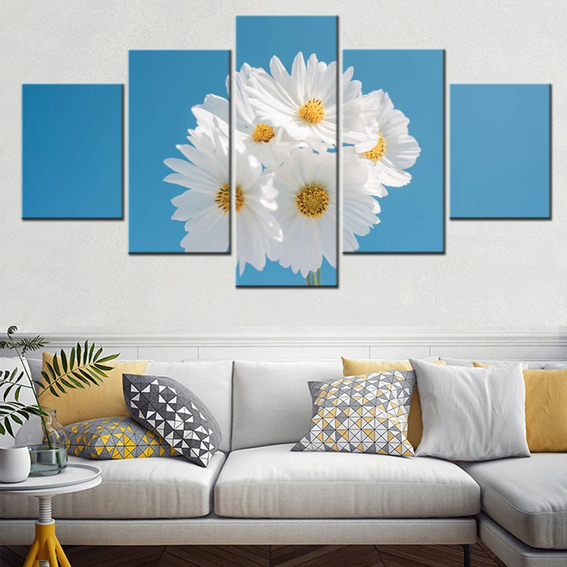 Flowers Daisy Blue sky 5 Panels Painting Canvas Wall Decoration