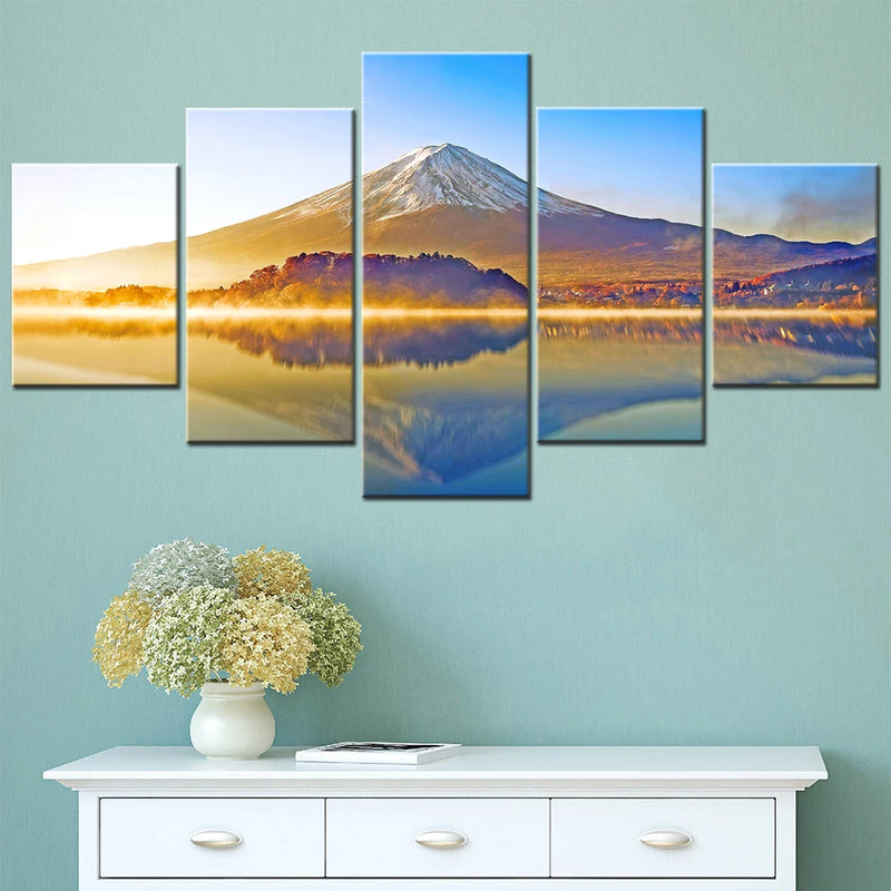 Japan Mount Fuji Lake Reflection 5 Panels Painting Canvas Wall Decoration