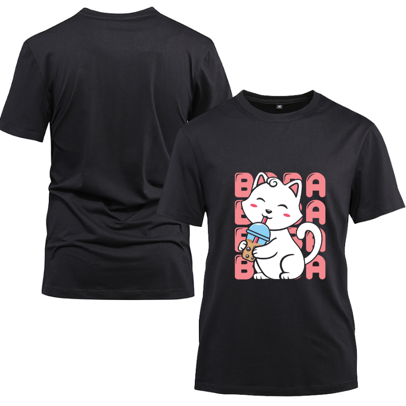 Kawaii Neko Bubble Tea Boba Neko Japan Cotton Black Short Sleeve T-Shirt