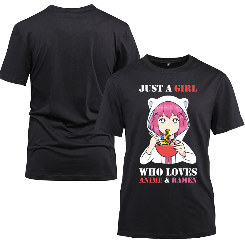 Just a Girl Who Loves Anime and Ramen Cotton Black Short Sleeve T-Shirt