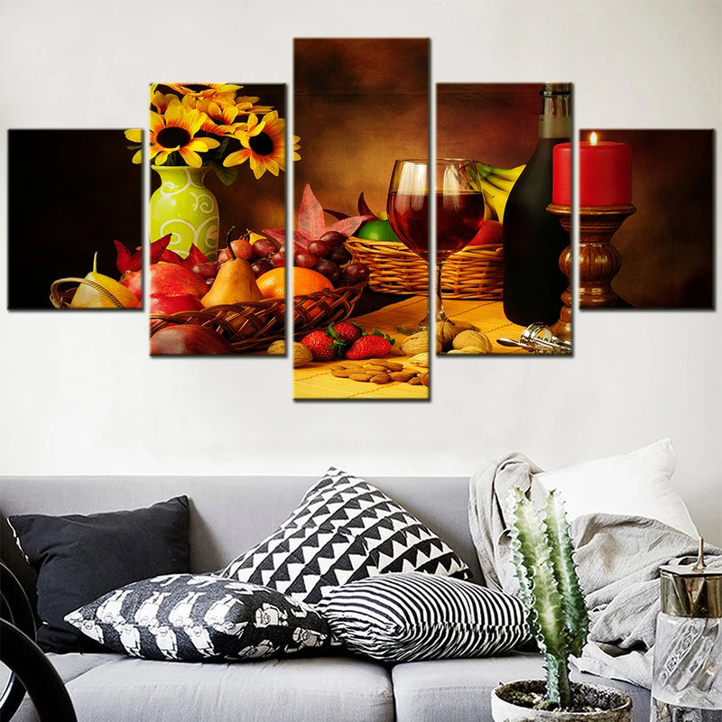 Red Wine Fruits Nuts 5 Panels Painting Canvas Wall Decoration