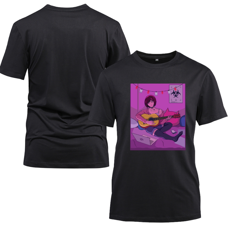 Anime Japanese The Cute Girl Play Guitar Cotton Black Short Sleeve T-Shirt