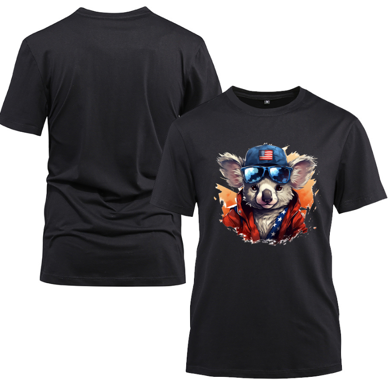 Animal Hiphop Graphic Funny Koala Cotton Black Short Sleeve T-Shirt