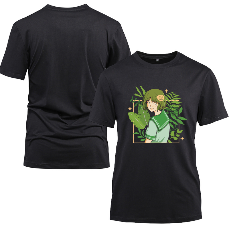 Anime Japanese Cute Girl Green Uniform Cotton Black Short Sleeve T-Shirt