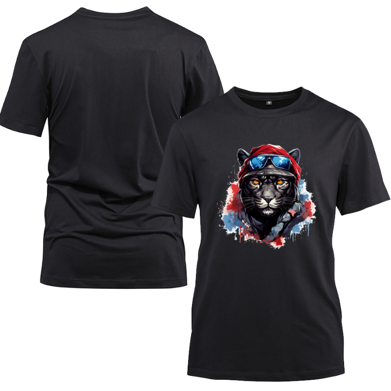 Animal Hiphop Graphic Black Tiger Cotton Black Short Sleeve T-Shirt